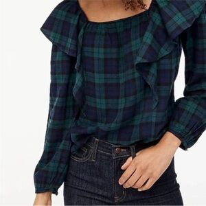 J crew  Plaid Ruffle Women's Top - Green and Blue